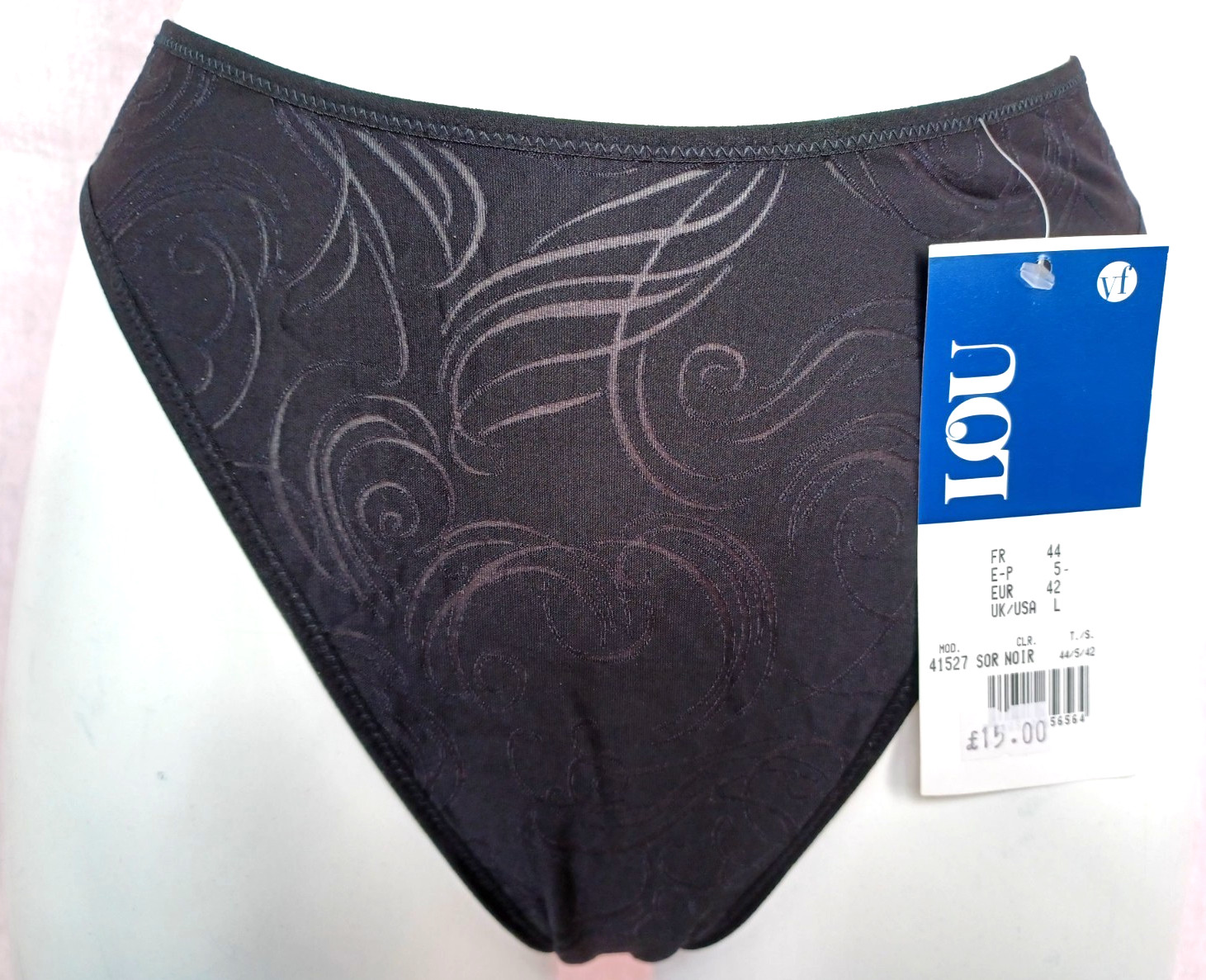 LOU Paris Lingerie Beautiful Black Stretch Satin Swirl Pattern Thong Sizes M L