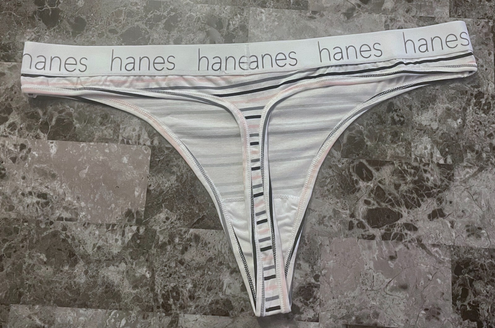 HANES 9/2XL PINK GRAY STRIPE THICK LOGO BAND COTTON BLEND STRETCH THONG PANTIES