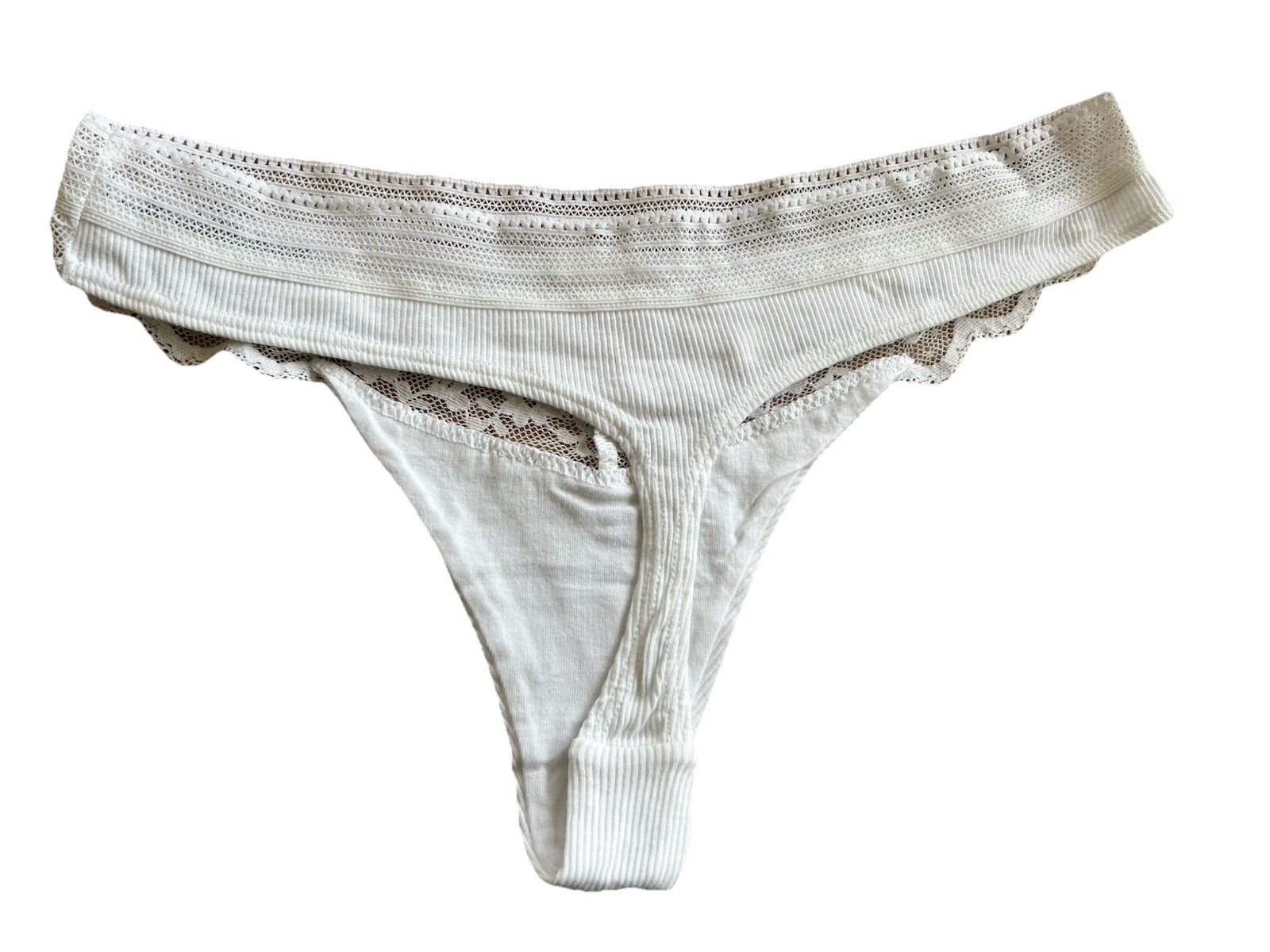 M&S white ribbed lace trim detail thong Size X Small New