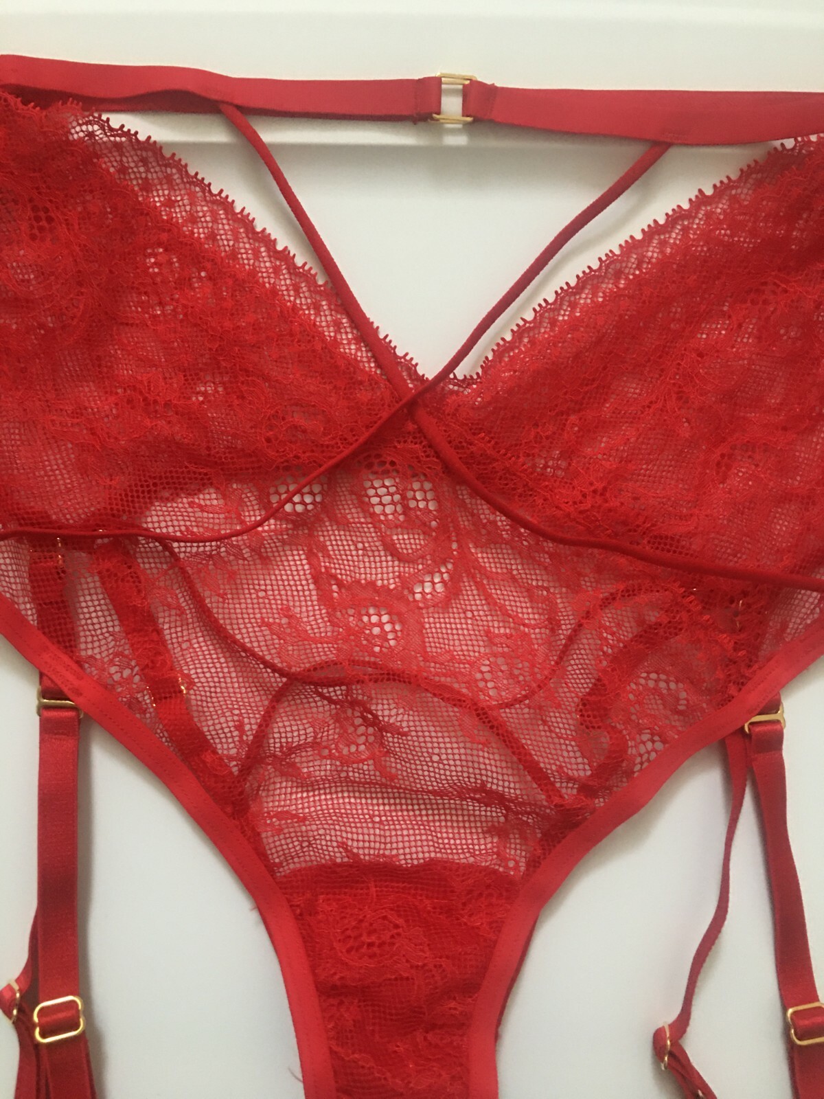Victorias Secret Red Cheeky Panties With Garter Size L Luxe Lace High Waist NWT
