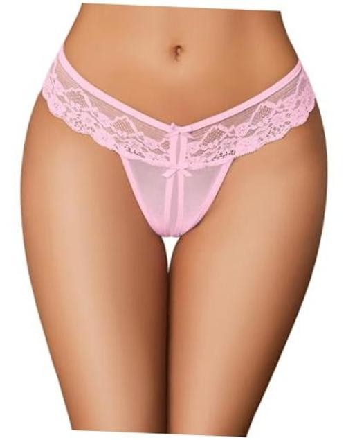Women Lace Panties T-back Floral Lace Briefs Mesh Hollow Out G Medium Pink