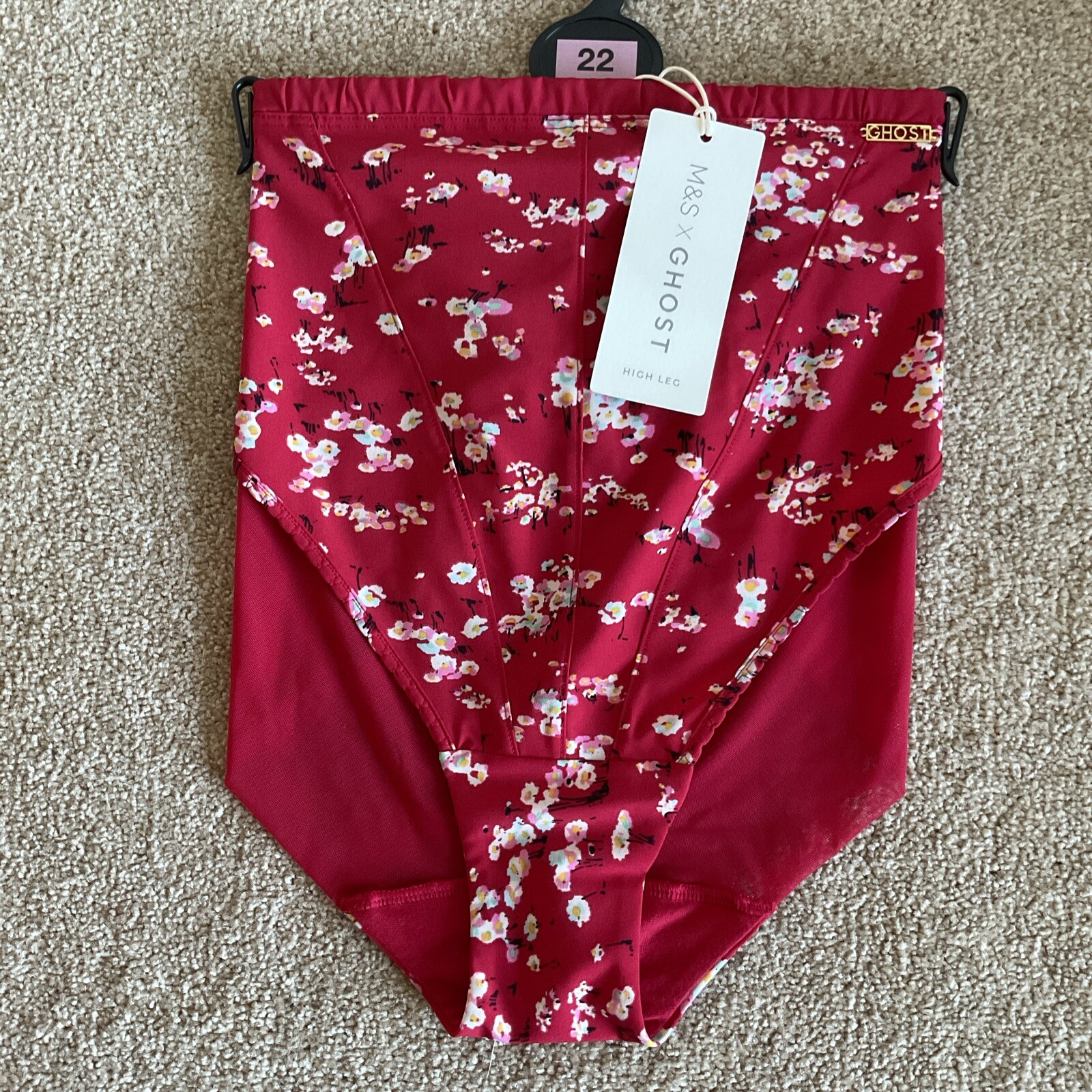 M&S Size 22 X Ghost Pretty High Leg Knickers Dark Red Mix Floral Soft