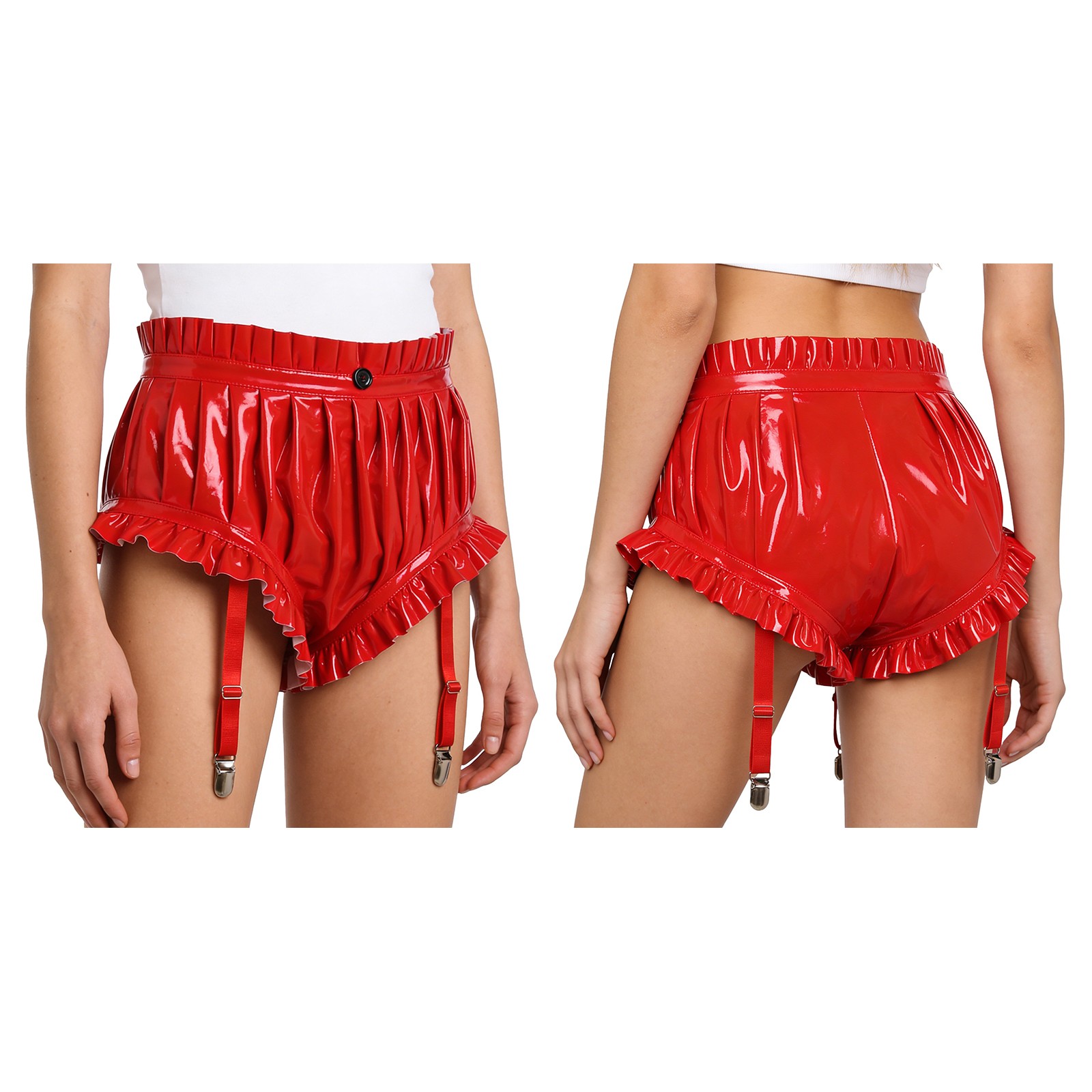 Womens Leather Ruffled Trim Booty Shorts Wet Look Pleated Briefs Garter Clips