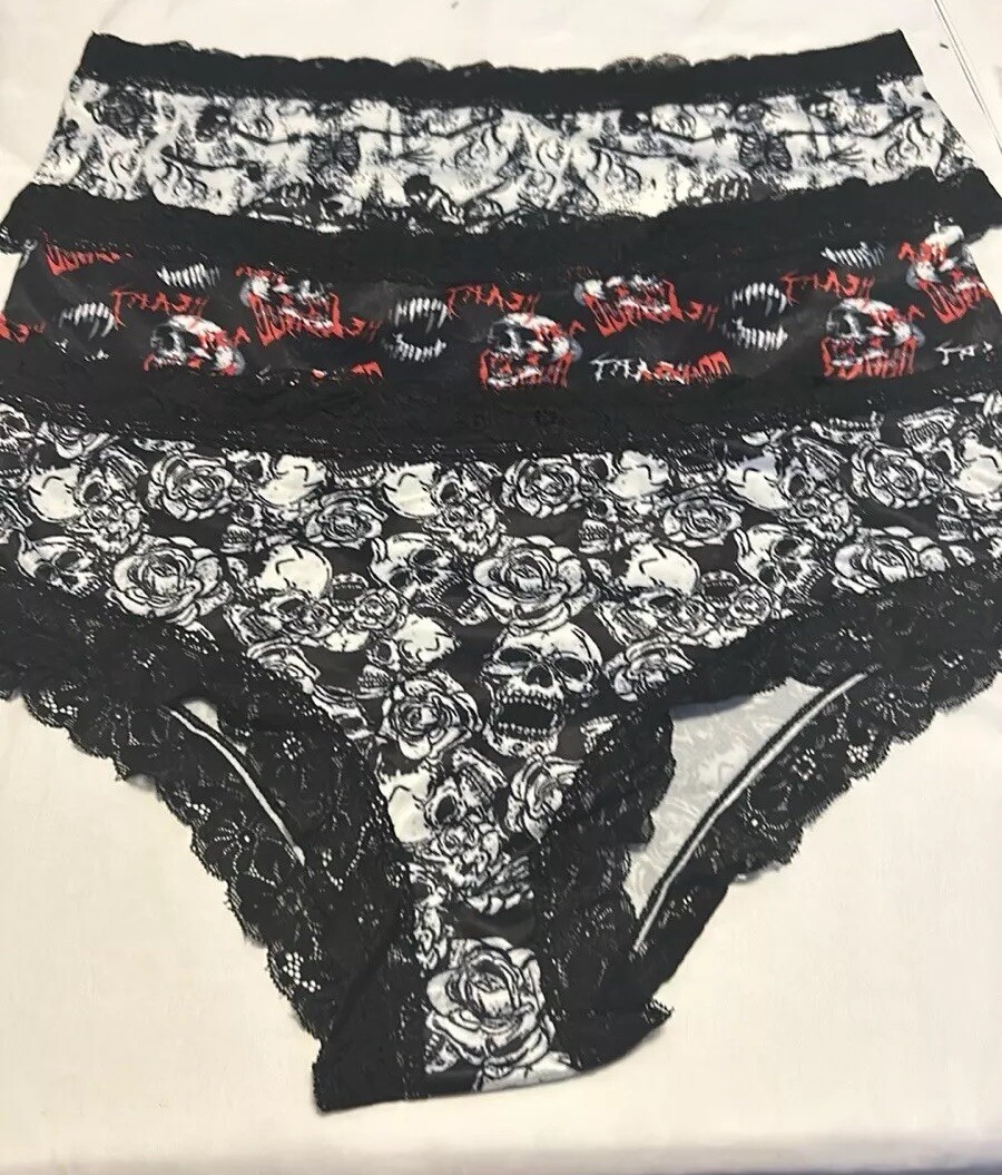 Morvia 3pk cheeky goth Emo panties Small Size skull Skeleton Lingerie Lace