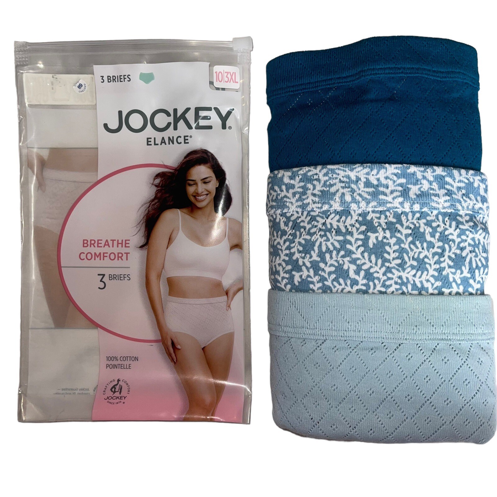 Jockey Elance Size 10 Panty 3XL Cotton Briefs Breathe Comfort 3 Pack Blues NWT