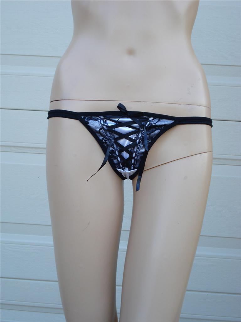 Satin Lace Front lace-up G-string Thong Purple Blue Red White Black S/M Lingerie
