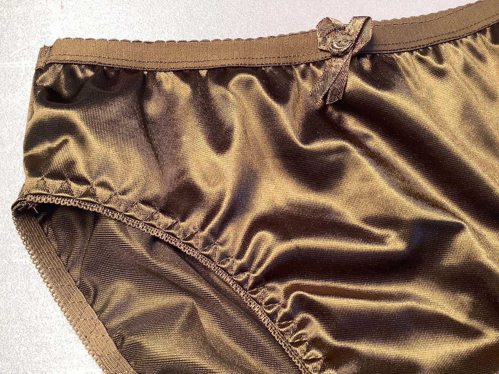 Women Panties Bikinis ANN DIANE Size S. Brown Shiny Satin Soft W/decoration