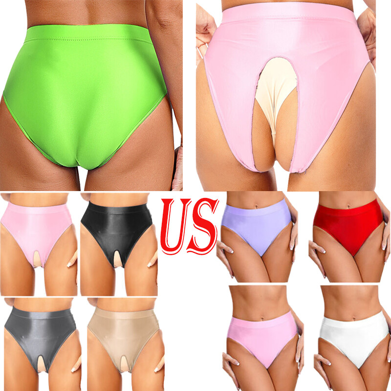 US Women High Waist Open Crotch Glossy Briefs Bikini Stretchy Panties Underwear