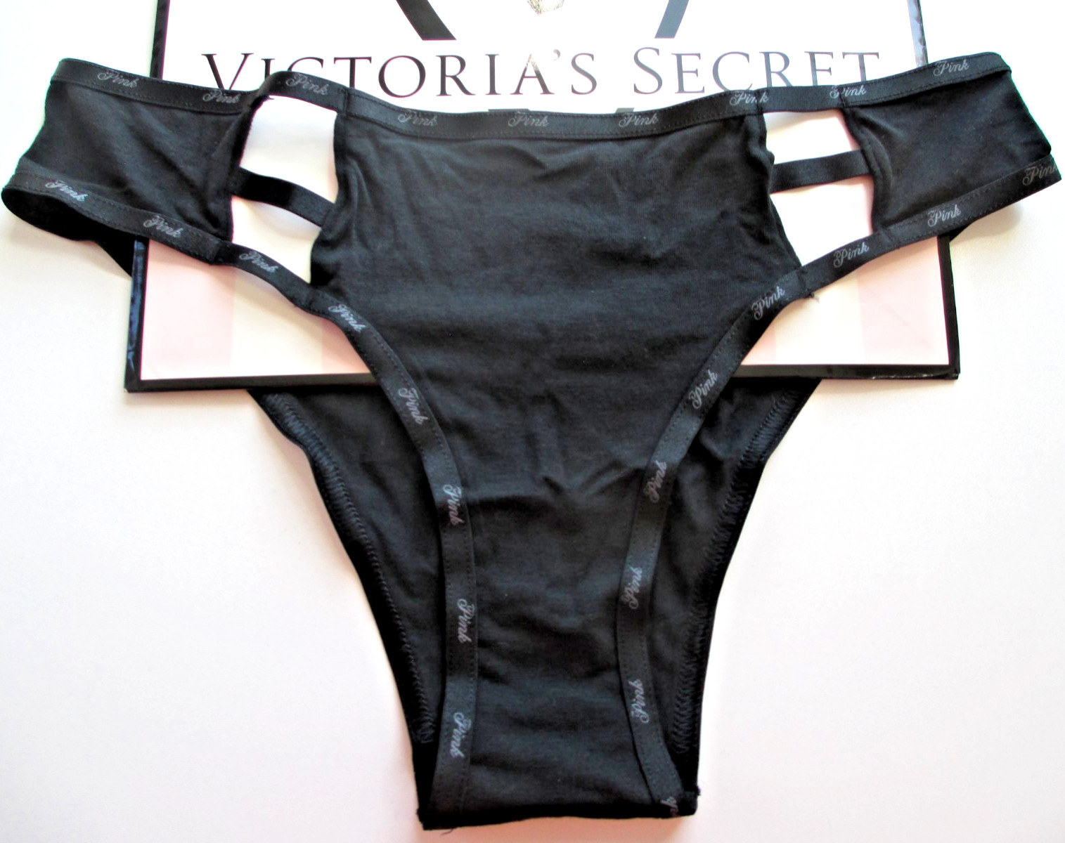 VICTORIA’S SECRET PINK Cotton High Leg Cheeky Panty S M Black NWT Strappy VS
