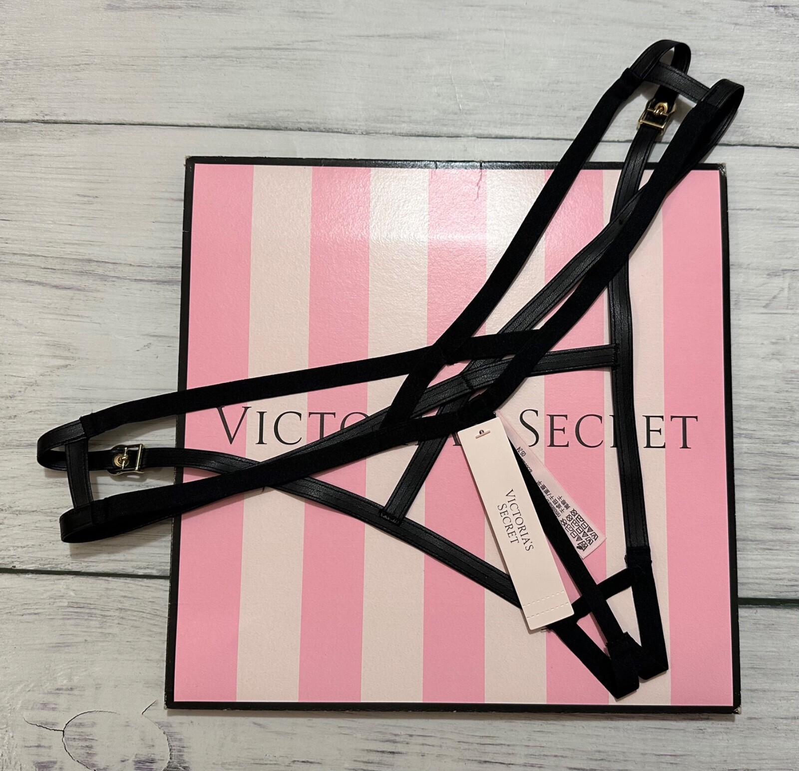 Victorias Secret Crotchless Faux Leather Strappy High-Leg Crotchless Thong Black