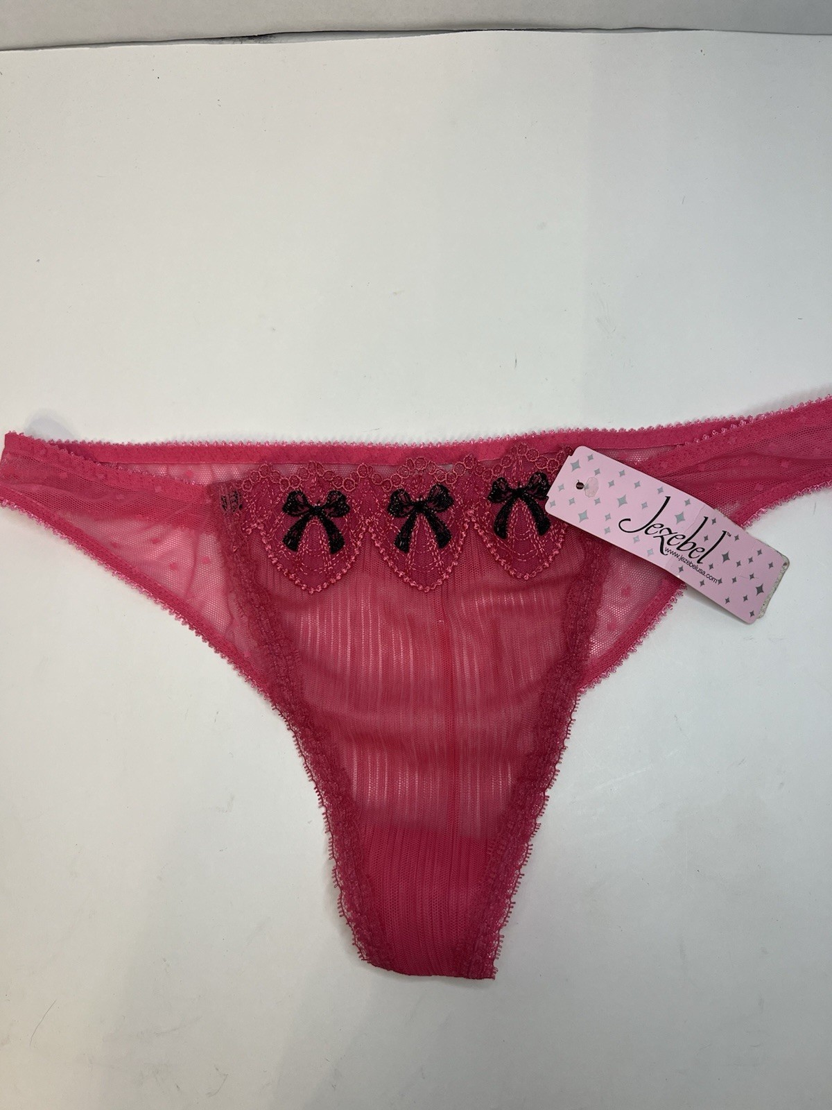 NWT JEZEBEL LARGE BLACK PINK BABYDOLL BOW LACE VINTAGE RARE THONG PANTIES