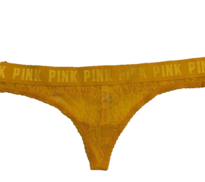 NWT PINK Victoria’s Secret Lace Thong Panty Large Yellow Logo Waistband