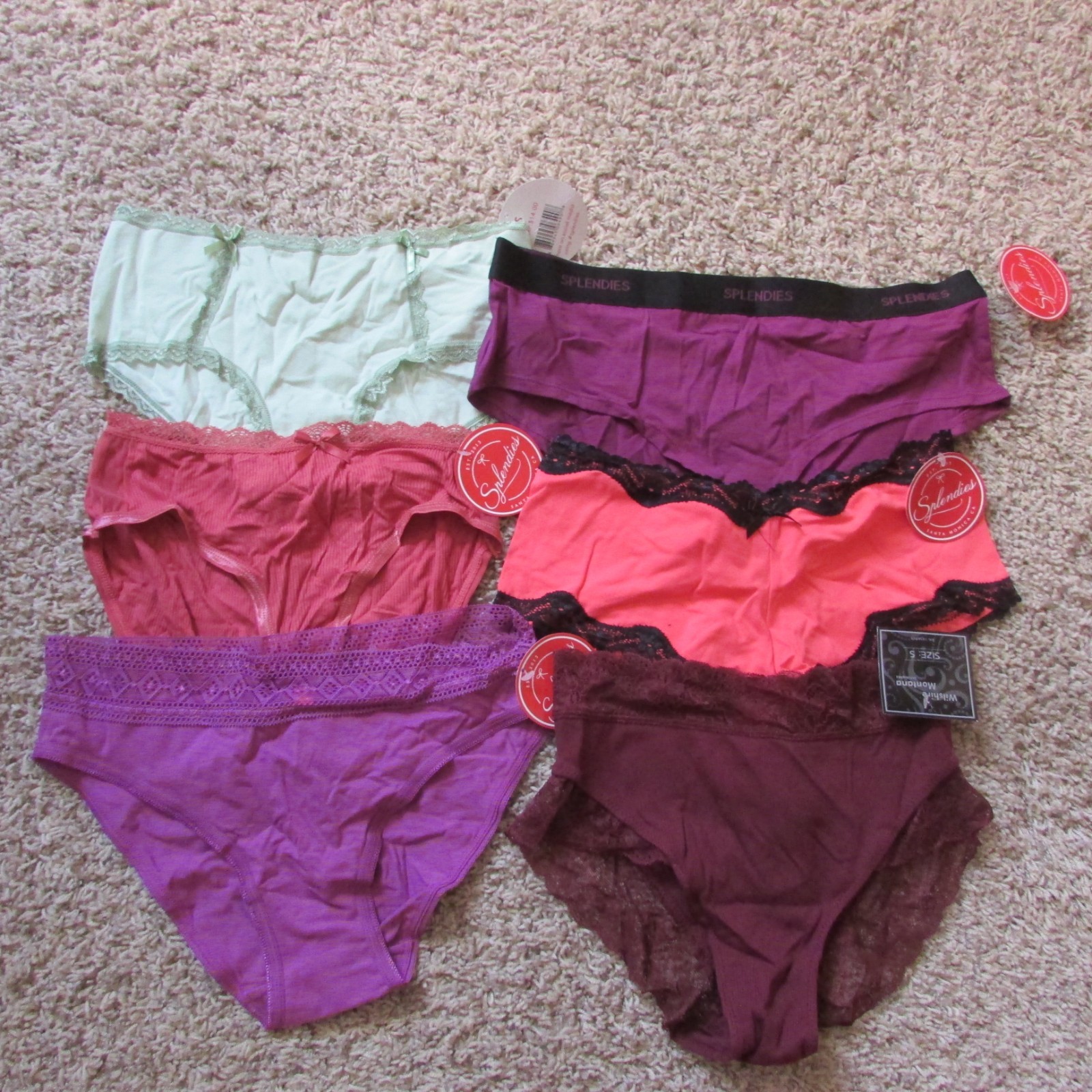 NWT Splendies Set of 6 Pair Small Bikini Panties Cheeky Pink Purple Cotton Lace