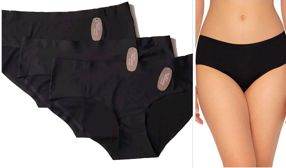 SECRET TREASURES WOMEN’S SEAMLESS HIPSTER PANTIES, 3 Pack Black Bonded Hipsters