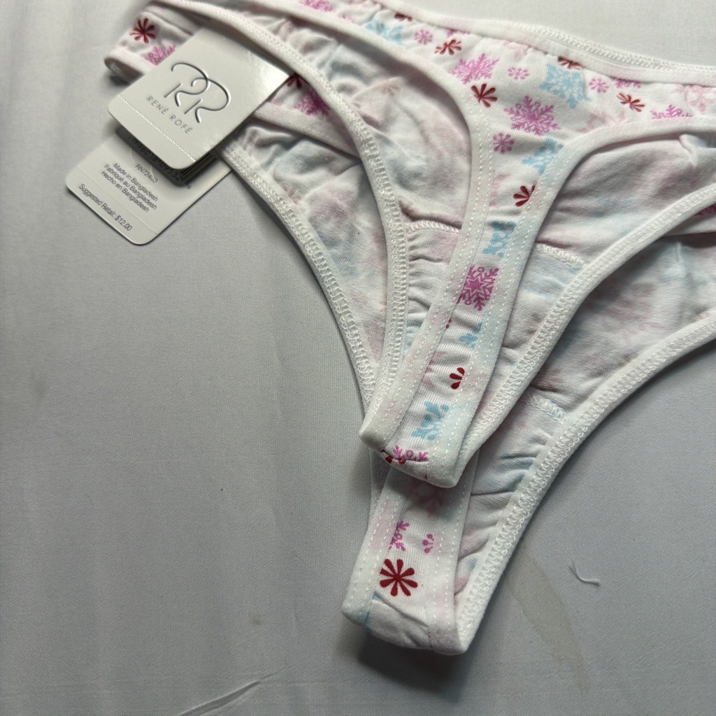2 René Rofé Women’s Thong Panties M White/Pink/Blue Snowflake Christmas MPN
