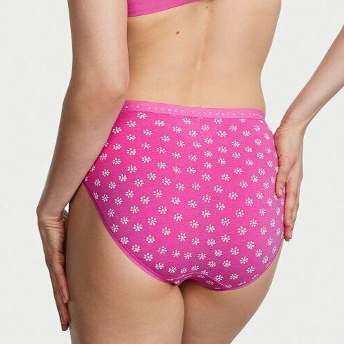 L Hot Pink Daisy Stretch Cotton Victorias Secret High-Leg Waist Brief Pantie