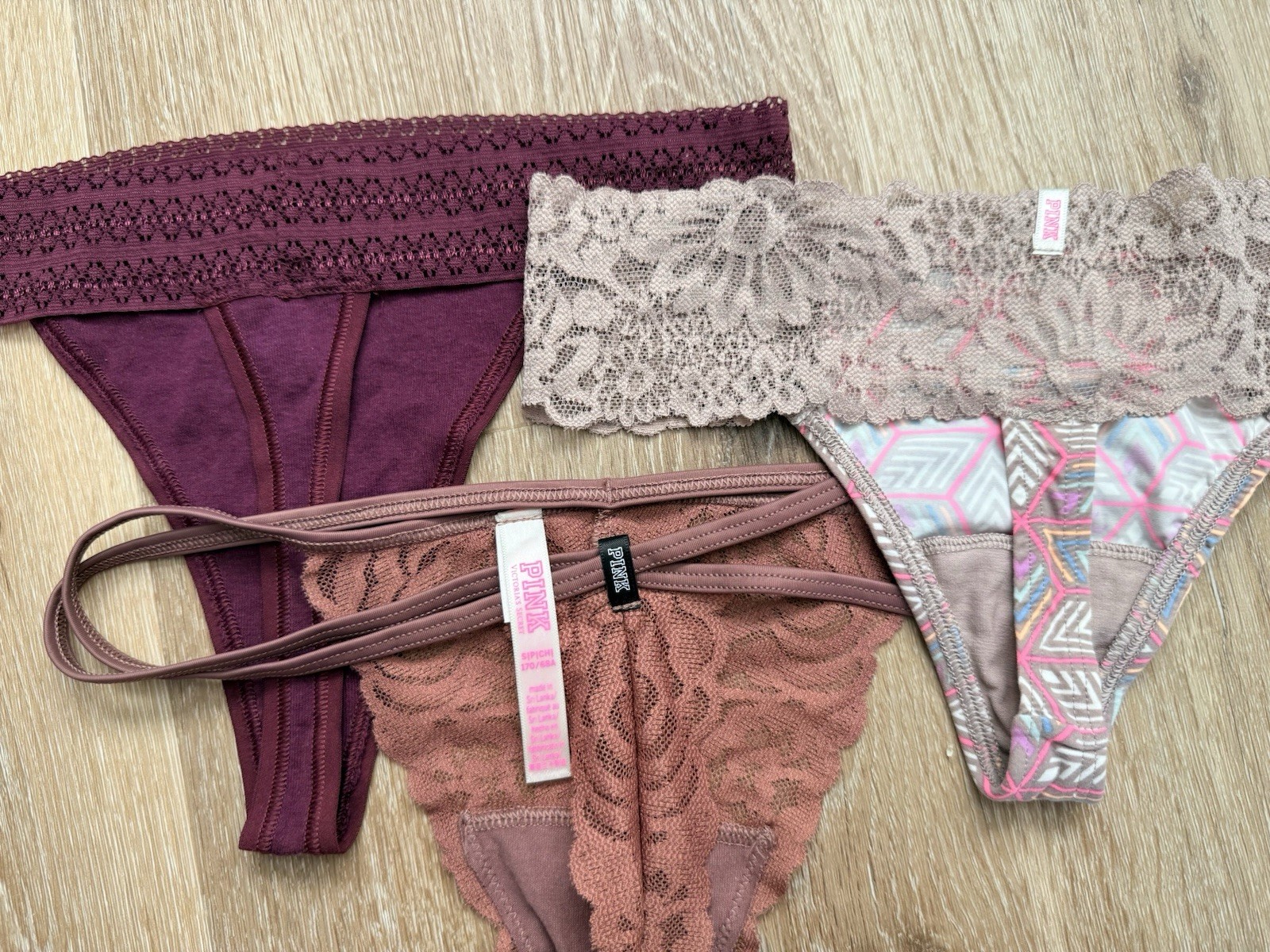 PINK Thong Panties 3 Pack Multicolor Mauve Purple Lace Cotton Geometric Floral S