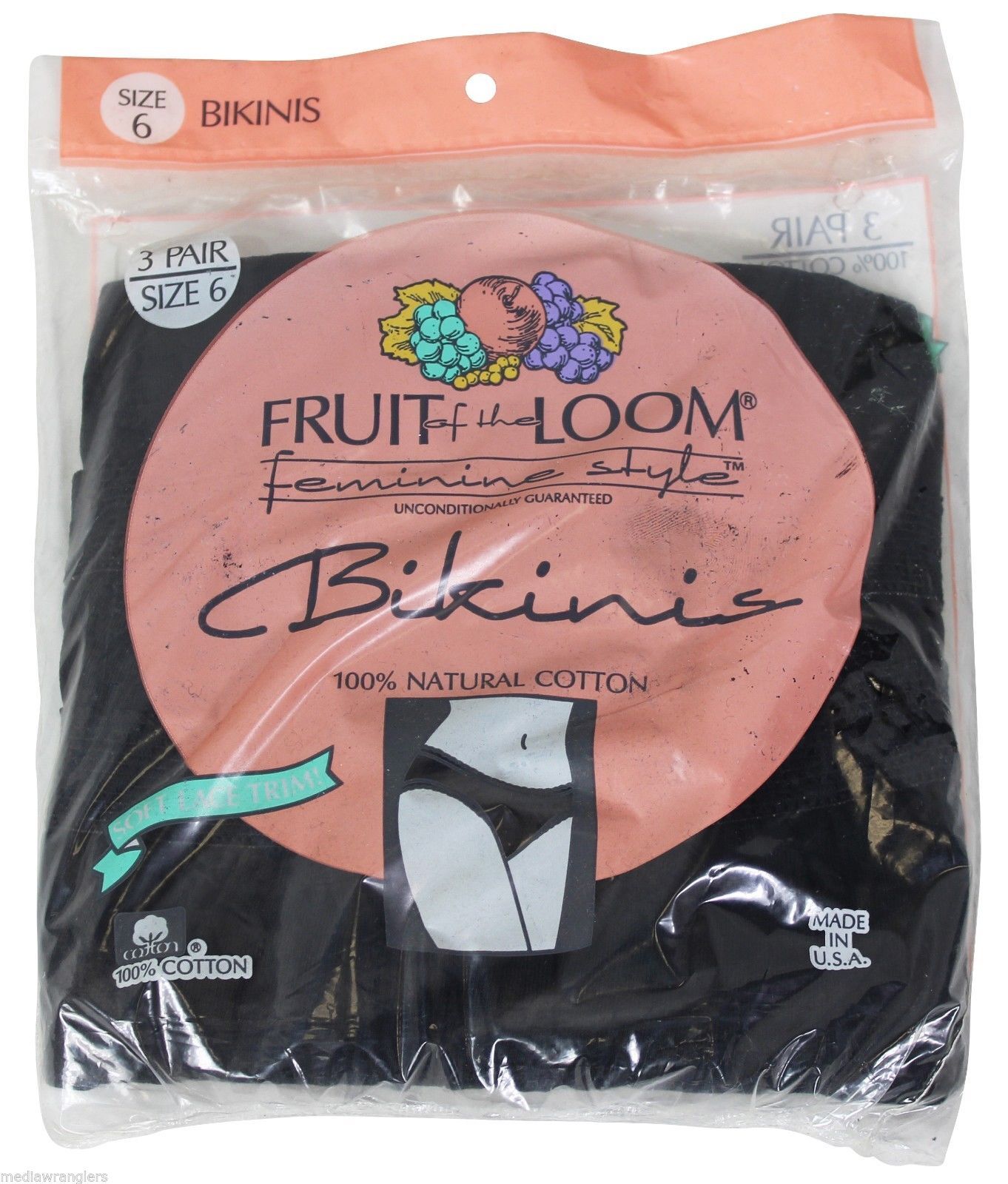 New VTG 90s FRUIT OF THE LOOM Bikini Panties Size 6 Solid Black 3 PAIR Deadstock