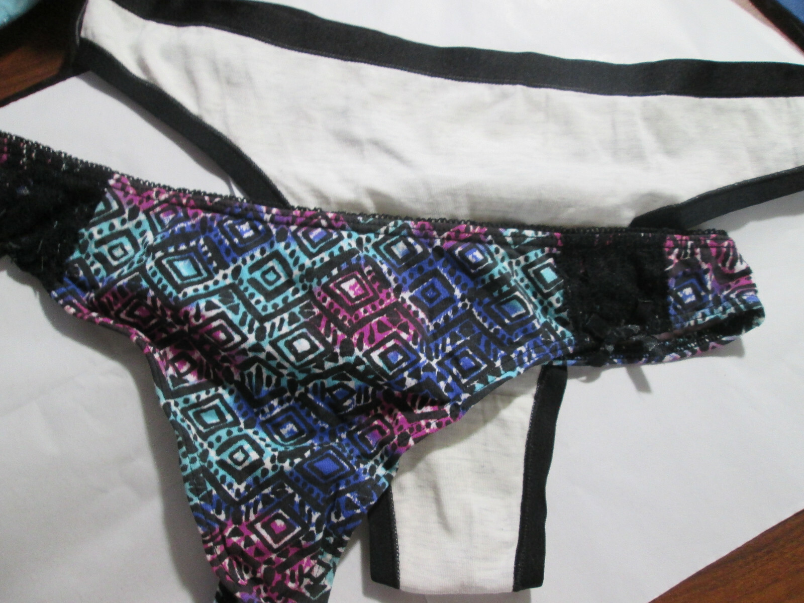 2 New 95% Cotton Thong Panties💜 Sz L Set of Navy Geo on Blk + Pale Gray w/Black