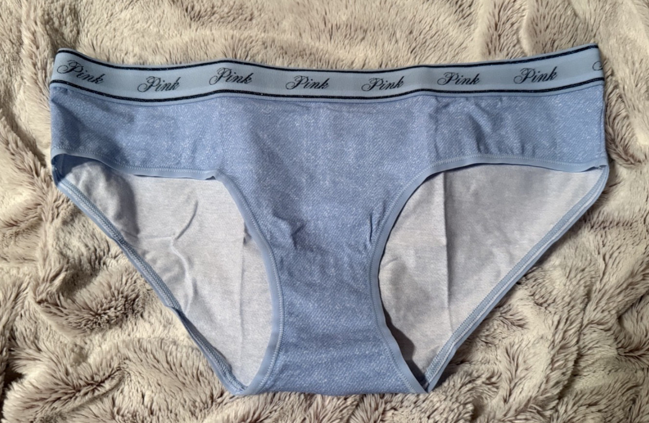 Victoria’s Secret PINK Logo Light Blue Denim Wash Hiphugger Panty ~ LARGE ~ NWT!