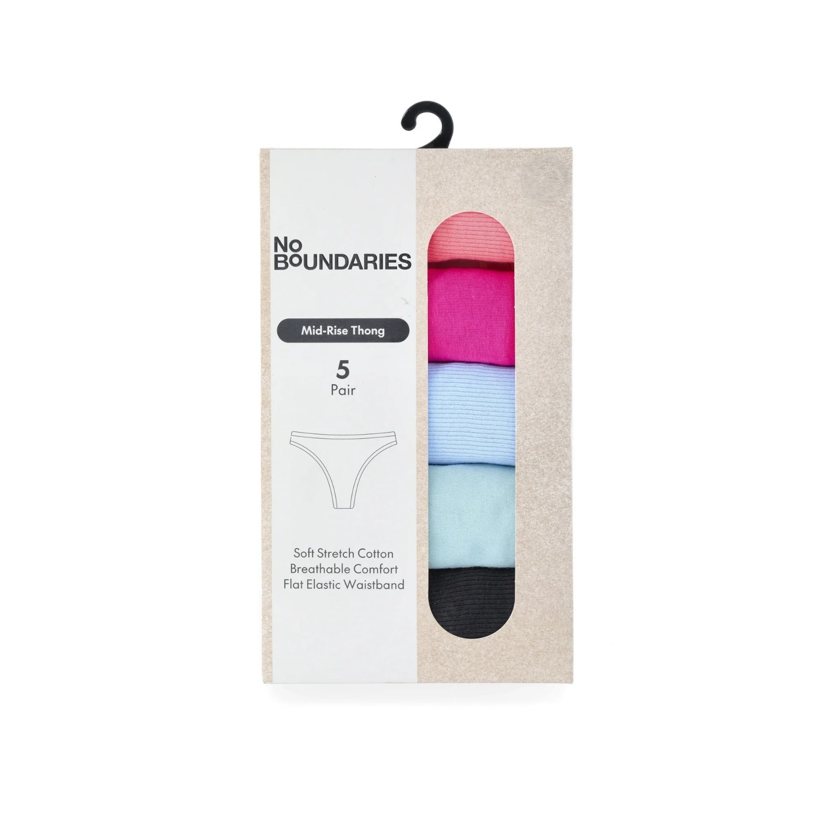 No Boundaries Women’s 5-Pack Cotton Thong Panties, Assorted Colors Size S(4/6)