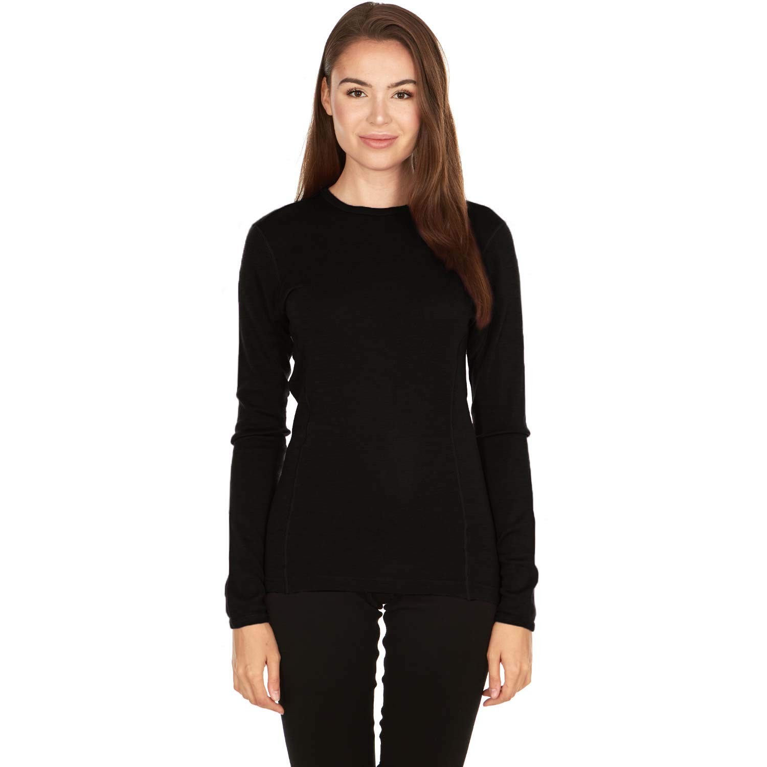 100 Merino Wool – Womens Midweight Base Layer – Long Sleeve Crew – Black –