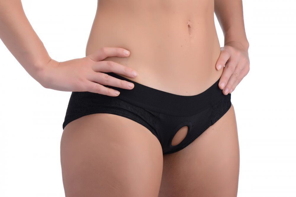 Strap U Lace Envy Black Crotchless Brief Panty Harness S-XL with O-Ring