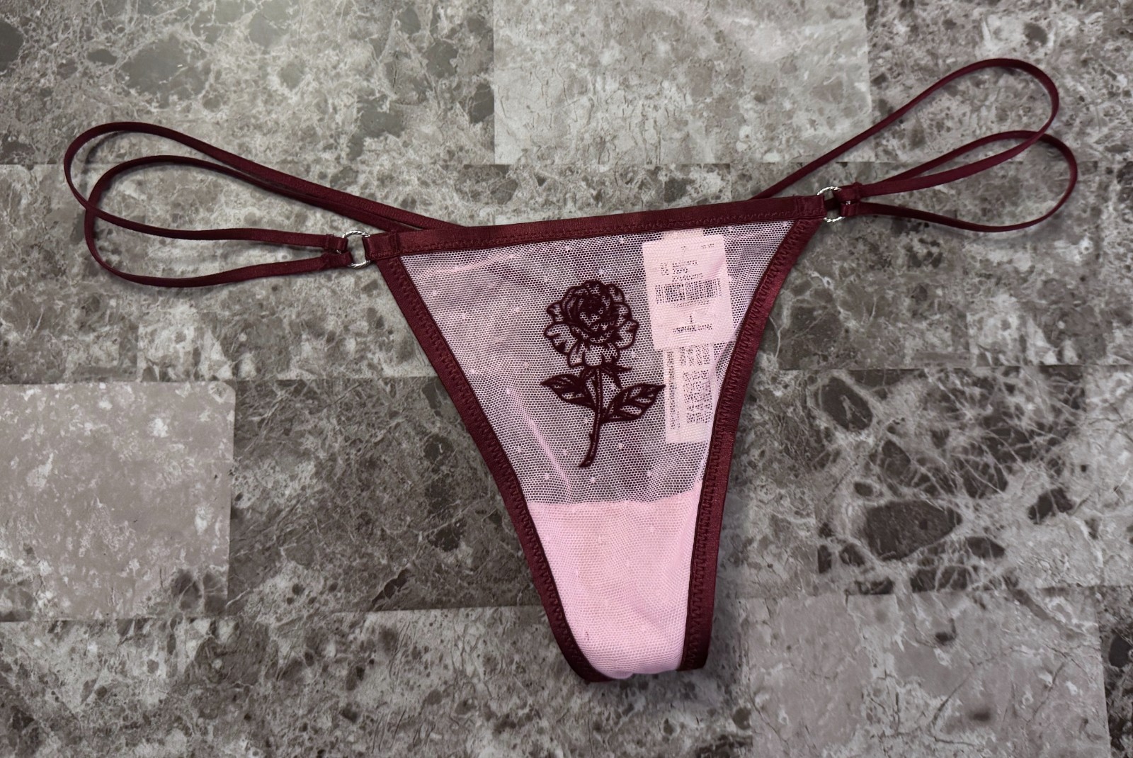 VICTORIA’S SECRET PINK MAROON VELVET ROSE MESH DOUBLE STRAPPY V STRING PANTIES