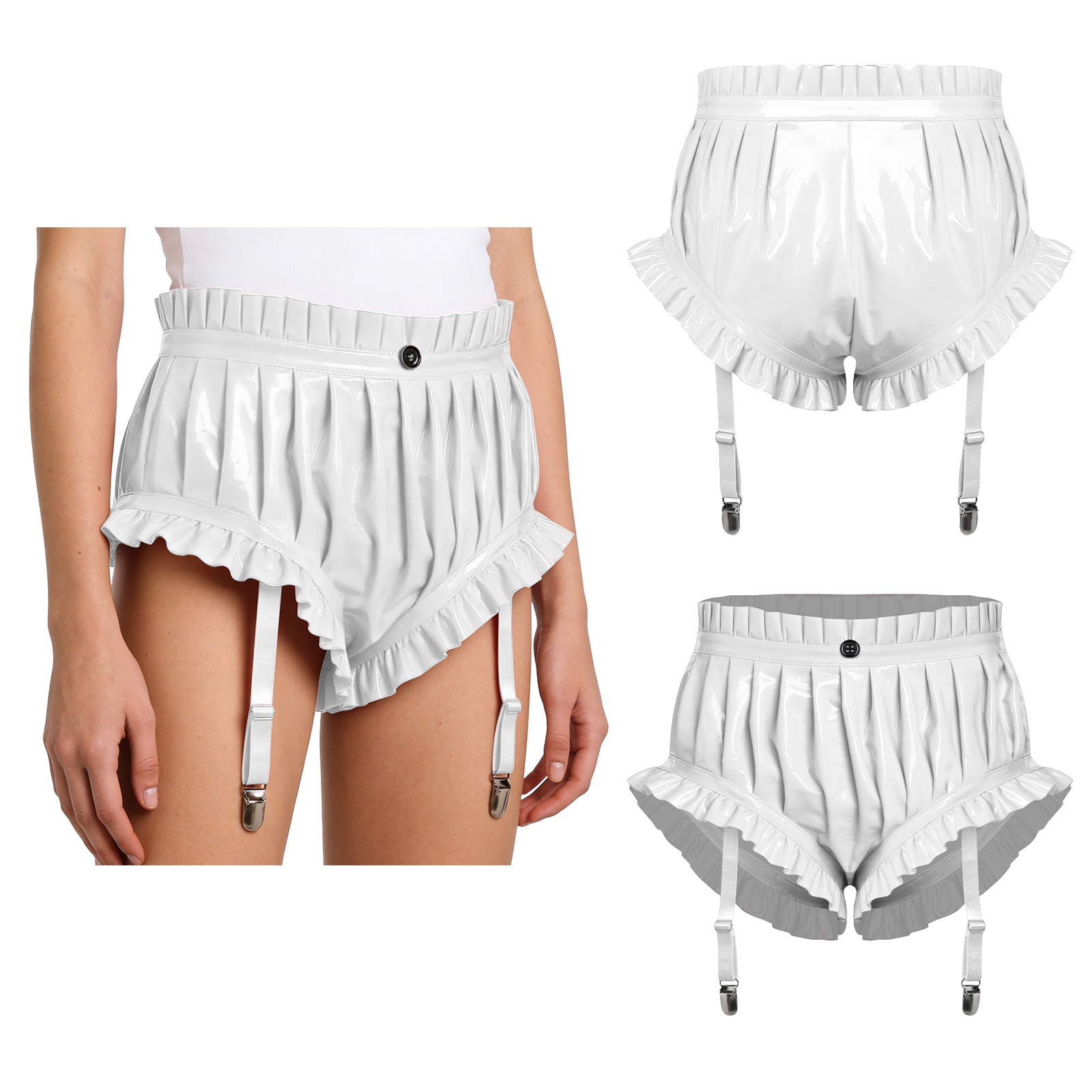 Women Y2k Shorts Faux Leather Booty Shorts With Metal Clips Ruffle Underpants