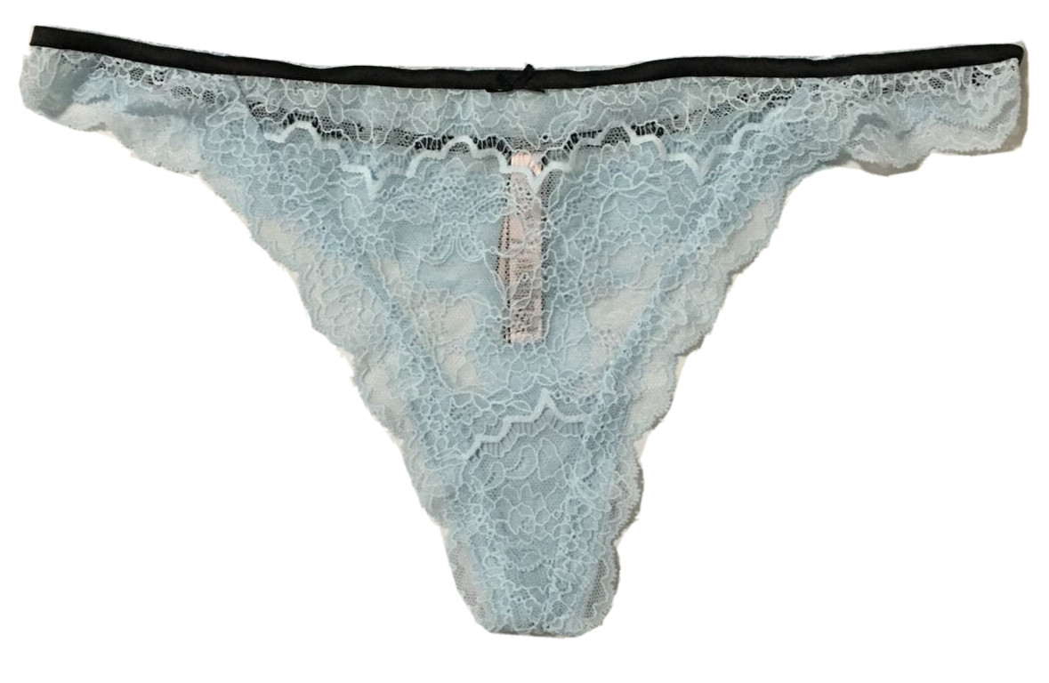 Victorias Secret Dream Angel Powder Blue Lace Thong Panty XL Black Ribbon Trim