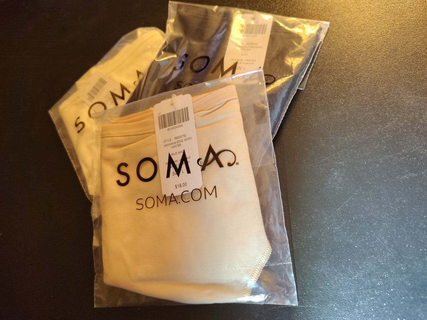 BNWT LOT OF 3 SOMA VANISHING EDGE MICRO CHEEKY HIPSTER Black White Sand LARGE