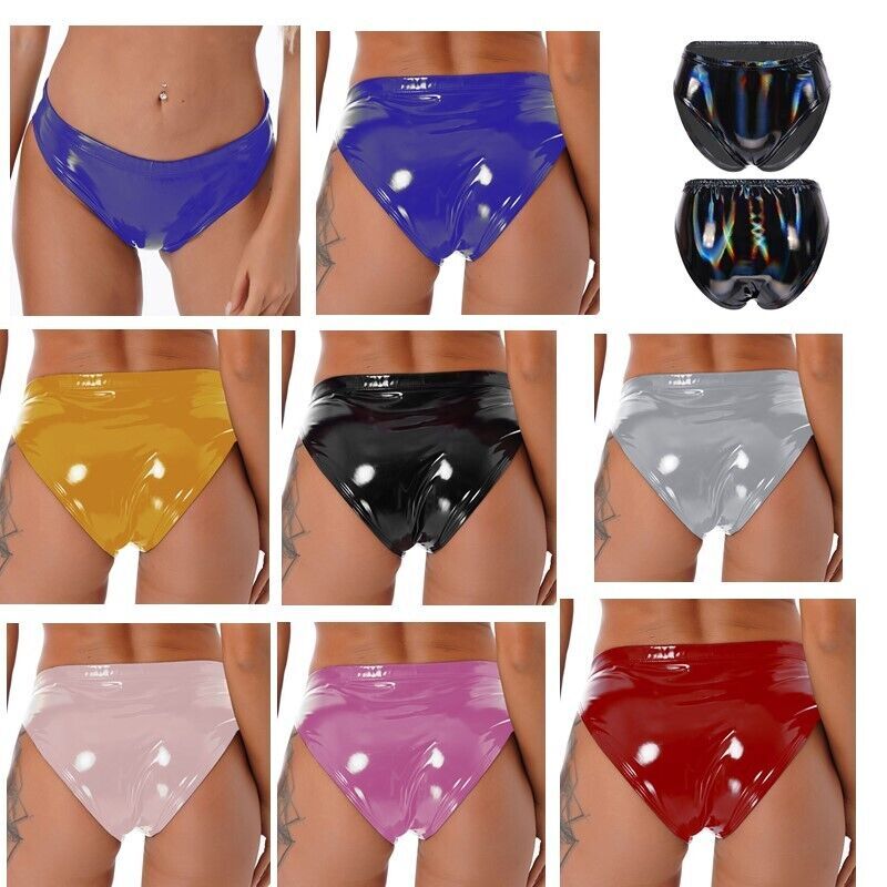 Women Briefs Wet Look Underwear Low Waist Panty Metallic Strings Cheeky