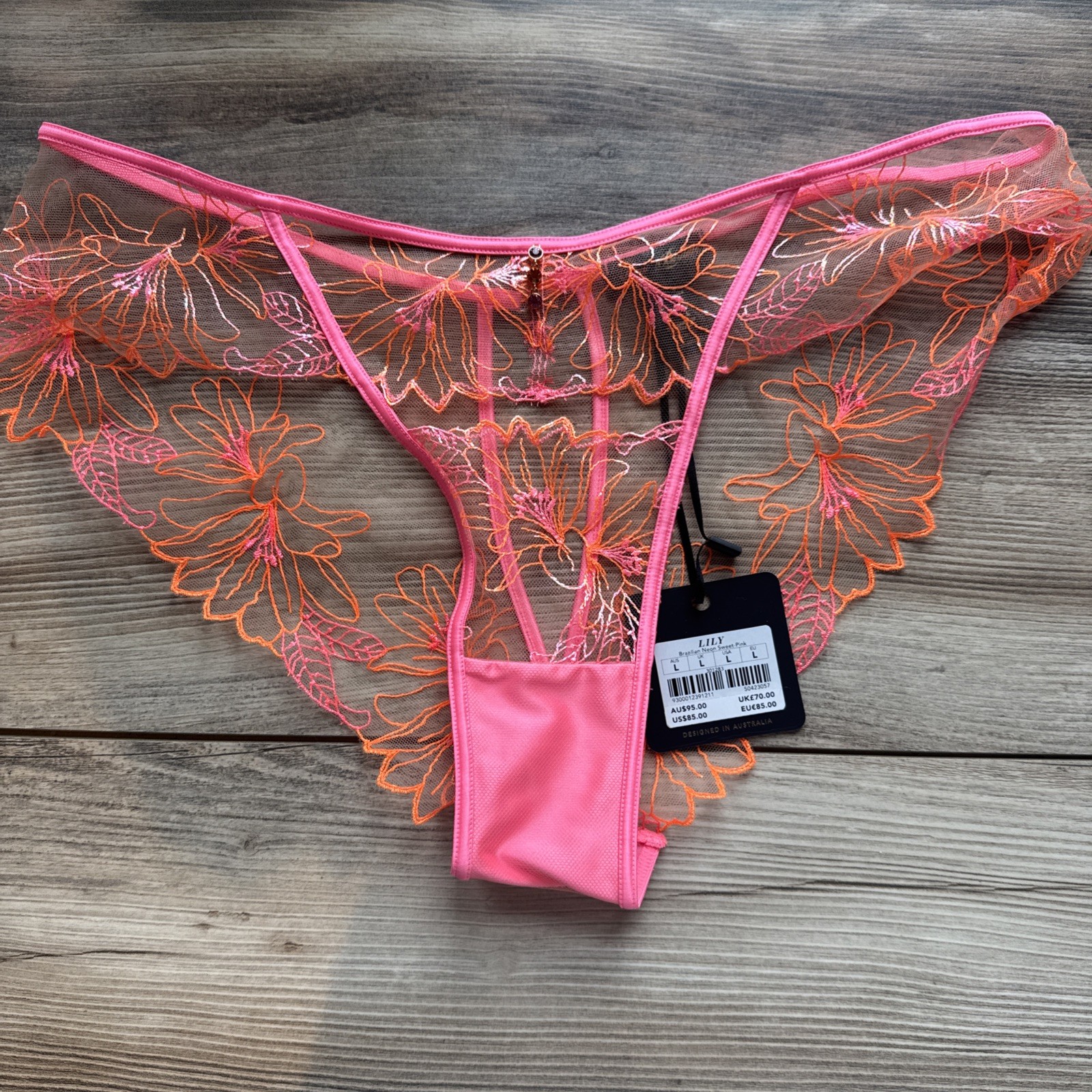 NWT Honey Birdette Lily Sz L Brazilian Panty Pink Floral Embroidered Lace Panty