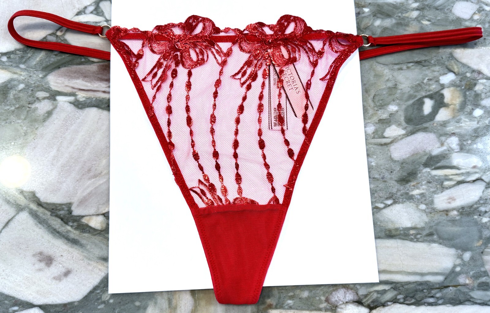 NEW Victoria Secret Dream Angels Bow SHINE Embroidery V-String – Lipstick Red XL