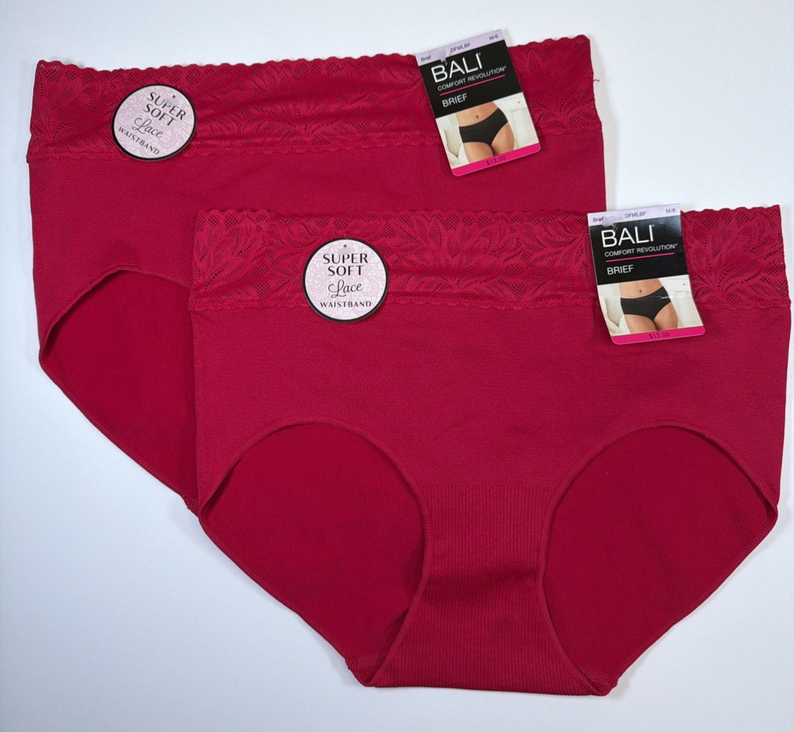 Bali Comfort Revolution Soft Lace Waistband 2 PK Brief Panties DFMLBF Red M/6