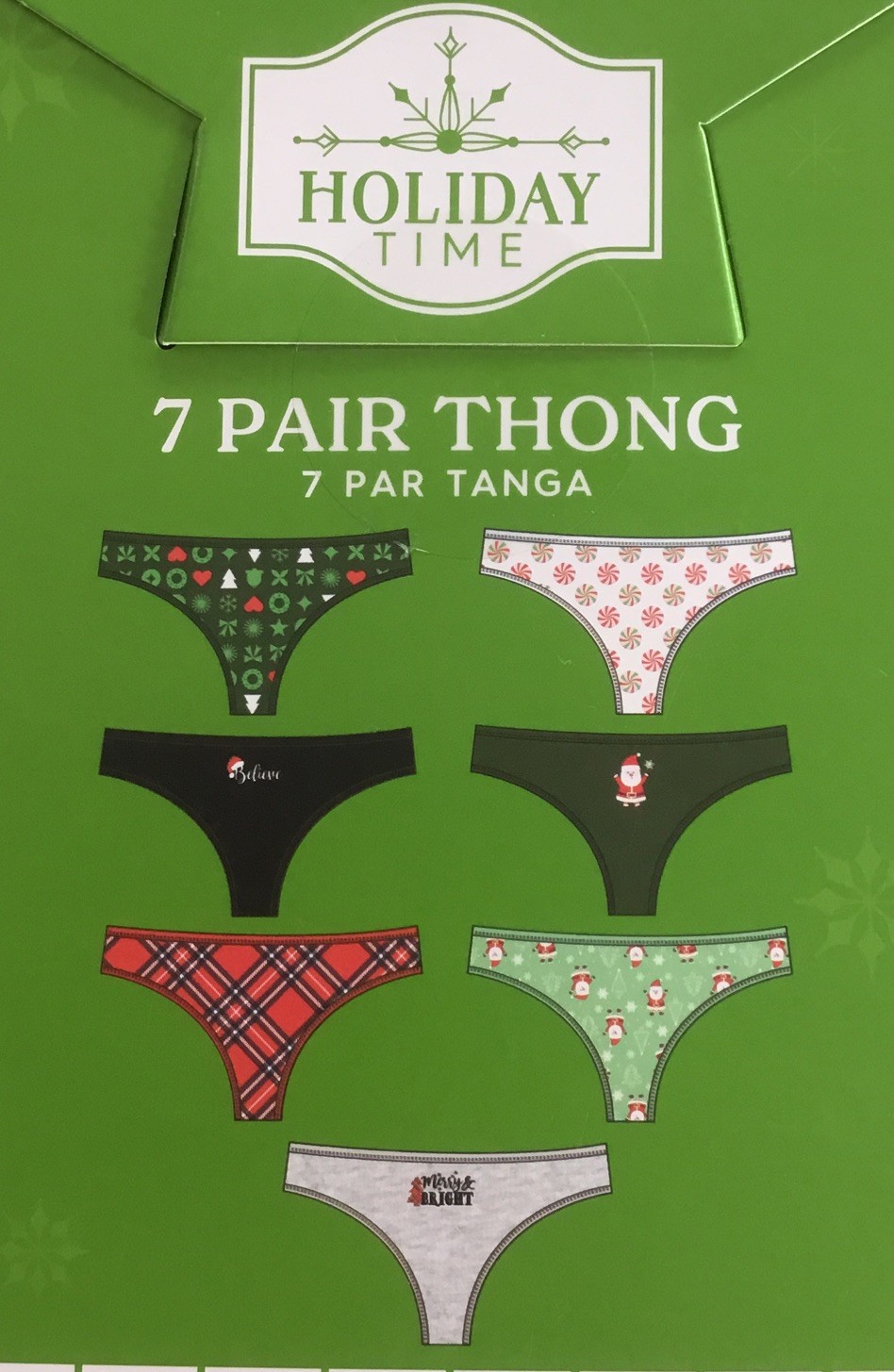 Holiday Time Women’s Christmas Thongs Panties 7 Pair Santa Candy XL (16-18)