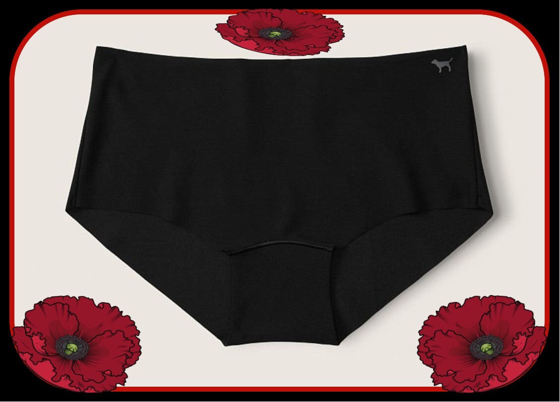 M NOSHOW Dark NOIR Black Stretch Victorias Secret PINK Boyshort Brief Pantie