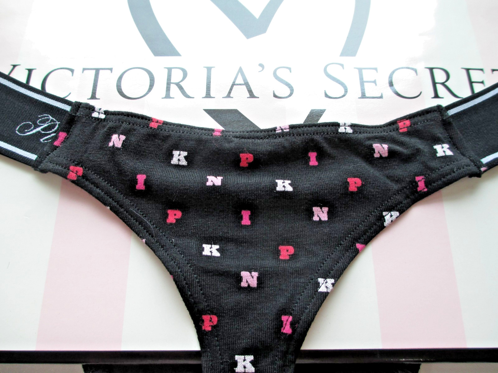 VICTORIA’S SECRET PINK Cotton Logo High Leg Thong Panty S XL Black NWT Letter VS