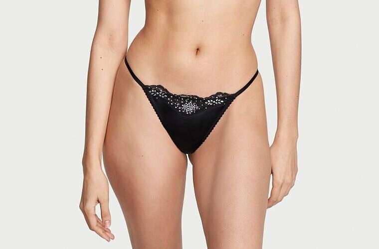 Victorias Secret Very Sexy Black Thong Panty Size L Crystal Embellishments NWT