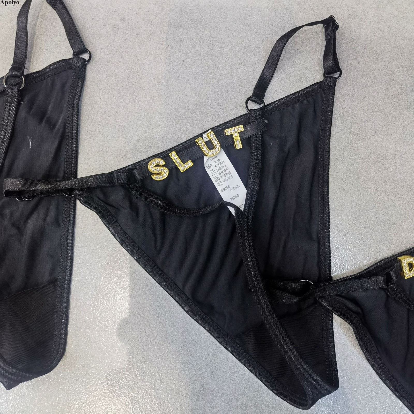 Sexy Women Thongs Shiny Crystal Gold Letter Elastic Band Thong Panties Underwear