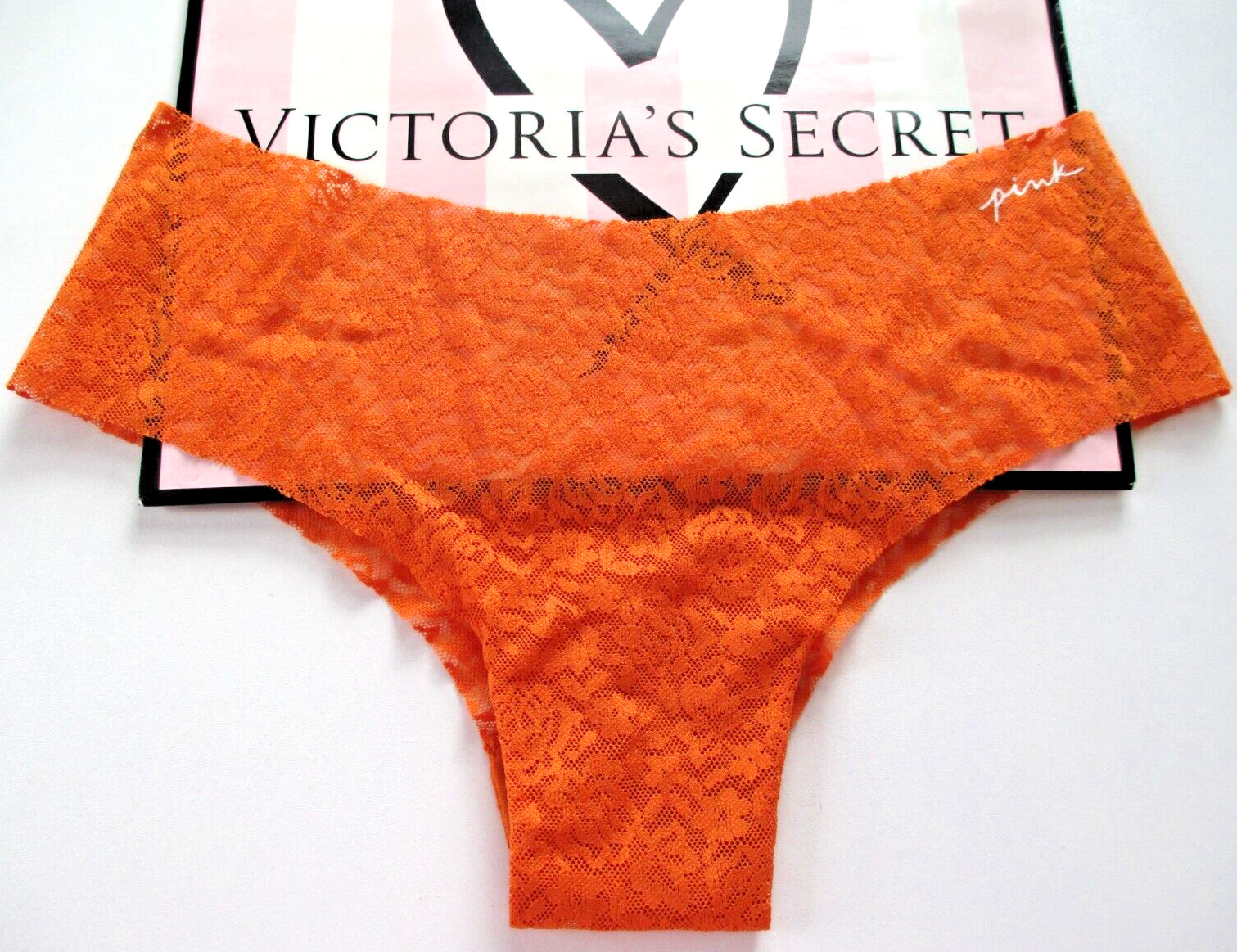 VICTORIA’S SECRET PINK No Show Lace Cheeky Panty VS Smoky Orange S M L NWT