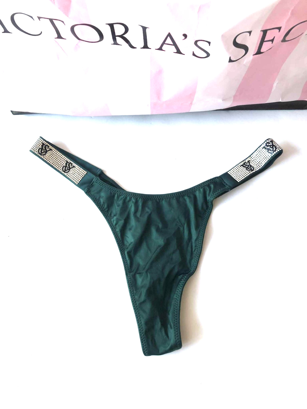 Victoria’s Secret Very Sexy Shine Strap Rhinestone Thong Panty Dark Green NWT