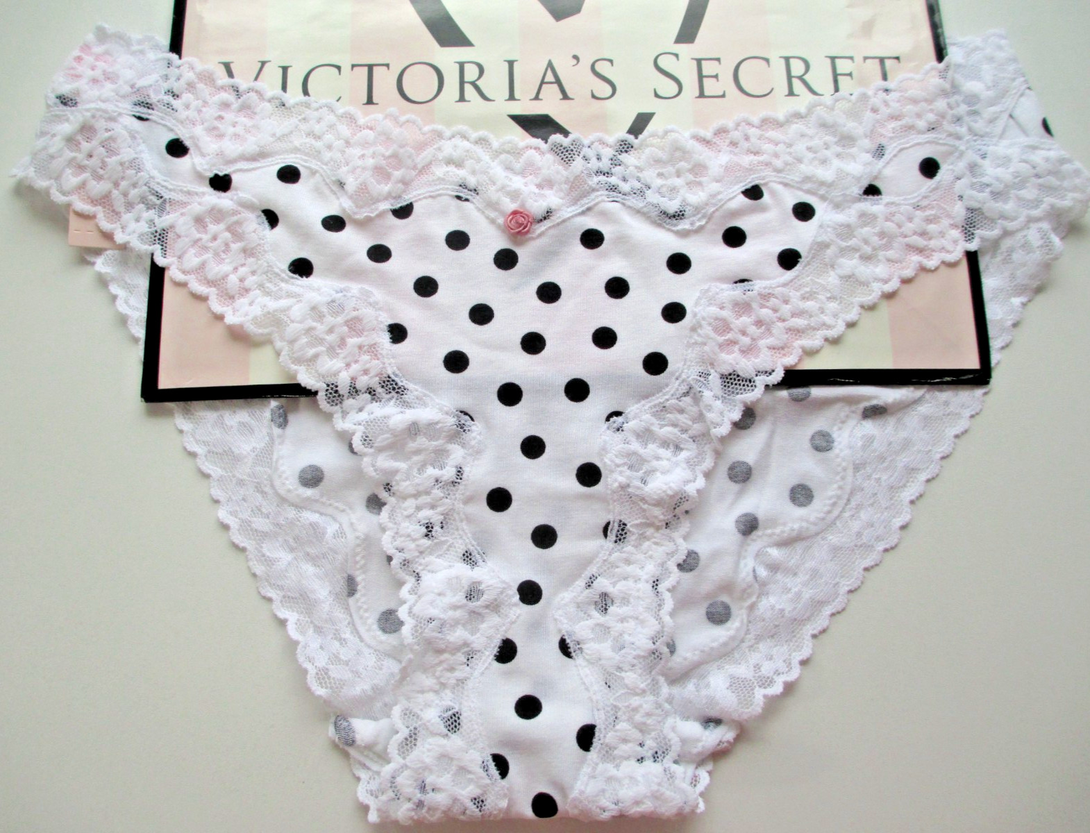 VICTORIA’S SECRET Cotton Bikini Panty S M L XL White Black Polka Dot Lace Trim
