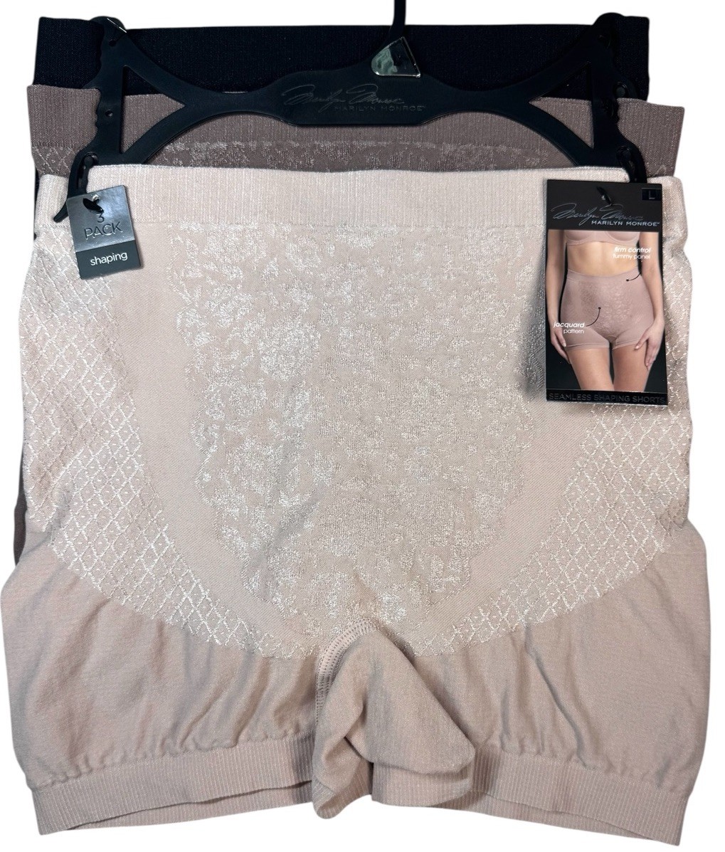 MARILYN MONROE Women Size L 3-Pack SEAMLESS FIRM SHAPER SHORTS Nude Brown Black
