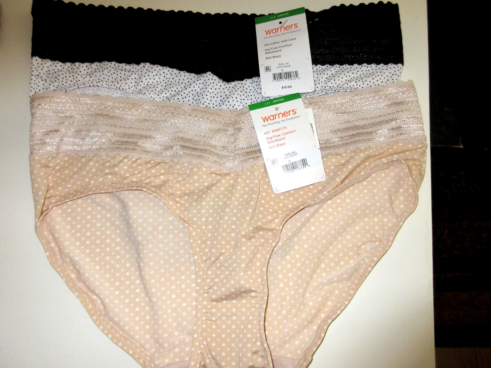 Warners HIPSTER Panties 2-Pack No Pinching Lace 5609J Black Beige Dot Poly ~ 7/L