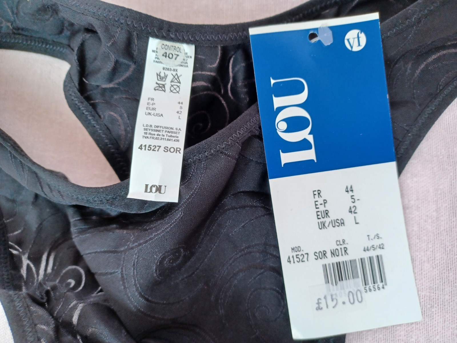 LOU Paris Lingerie Beautiful Black Stretch Satin Swirl Pattern Thong Sizes M L