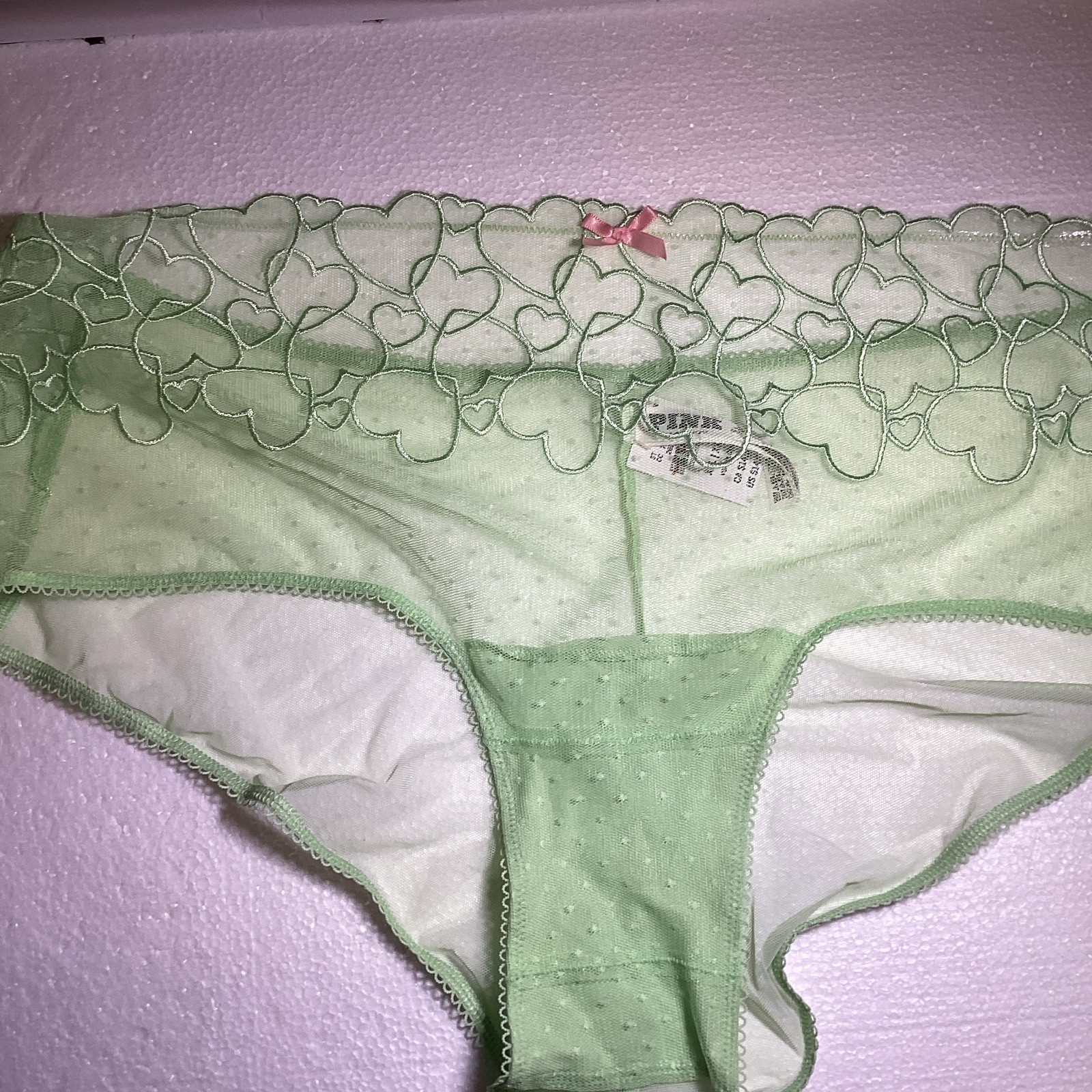 PINK Women’s Green Sheer Mesh Heart Pattern Hipster Panties, Size XXL