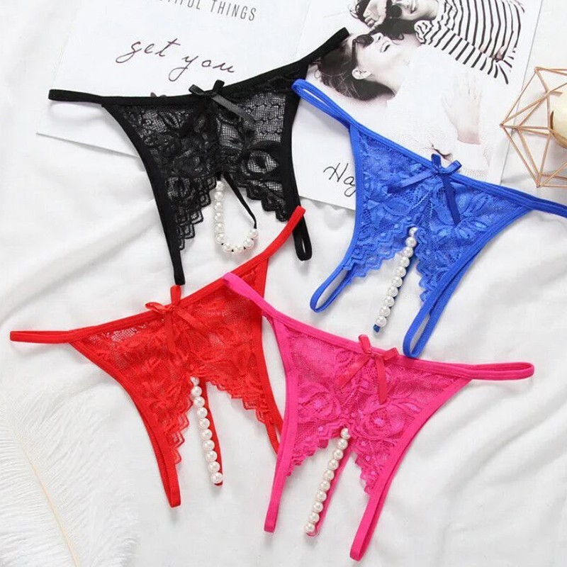 Women Lace Crotchles Thong G-string Pearl Panties Lingerie Underwear T-back