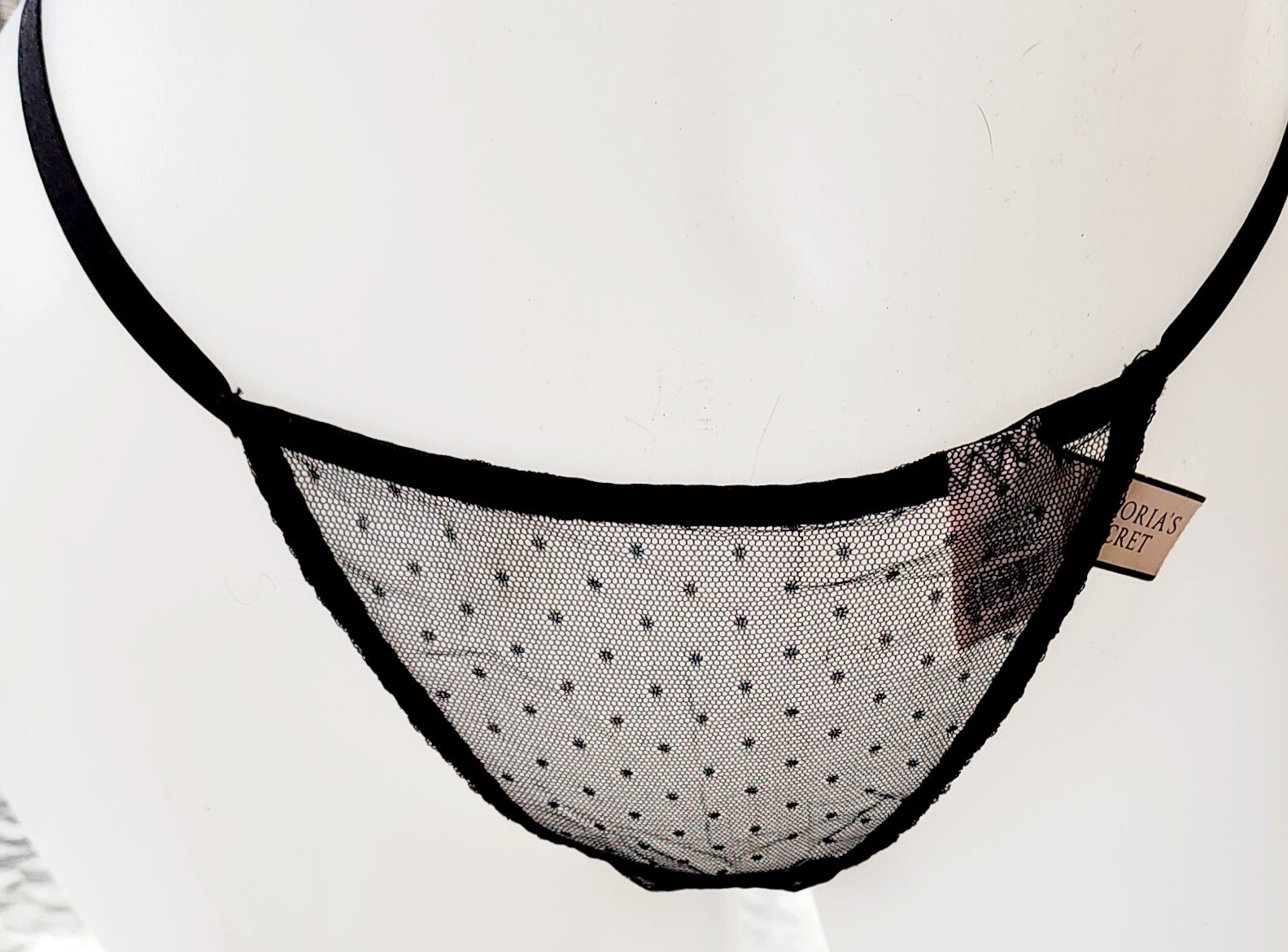 Victorias secret Rare Vintage XL 🍒 Sheer Dotted Black TINY G String Thong Vee