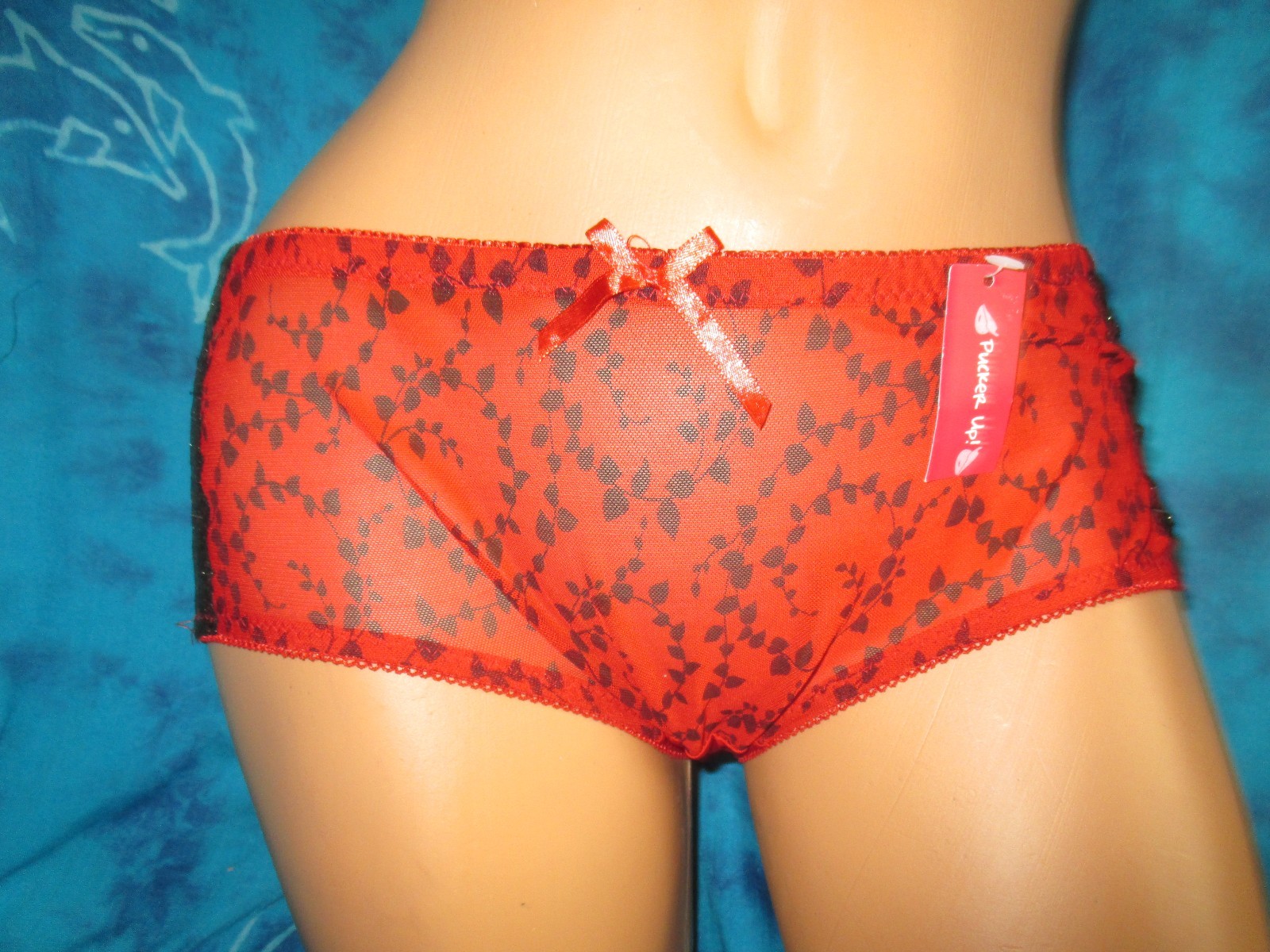 nwt Pucker Up Sexy Red & Black Floral w/ Silver Accented Lace Hipster Panties 1X